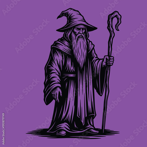 A wise and powerful wizard standing confidently with a magical staff in hand