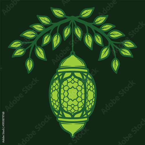 Glowing green lantern with leafy branch on dark background