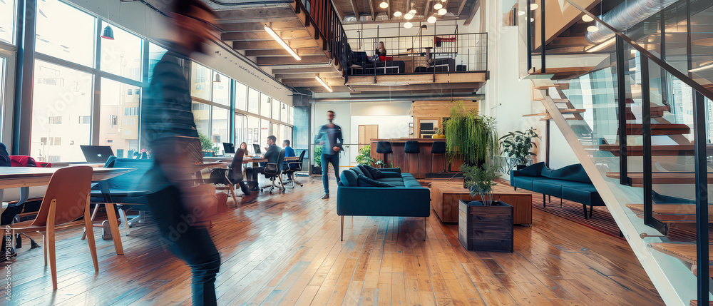 Naklejka premium Wide angle view of people working and walking inside a modern coworking space with open layout, natural light, motion blur and dynamic professional atmosphere.
