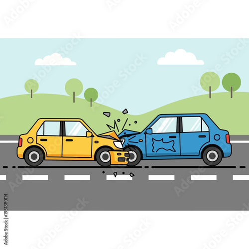 Car accident: yellow and blue cars collide head-on on a road, causing damage.