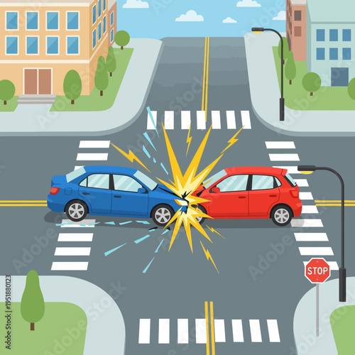 Car accident at intersection, two cars colliding at crosswalk, traffic safety concept