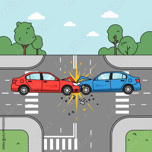 Car Crash at Intersection: Red and Blue Cars Collide, Traffic Accident Scene