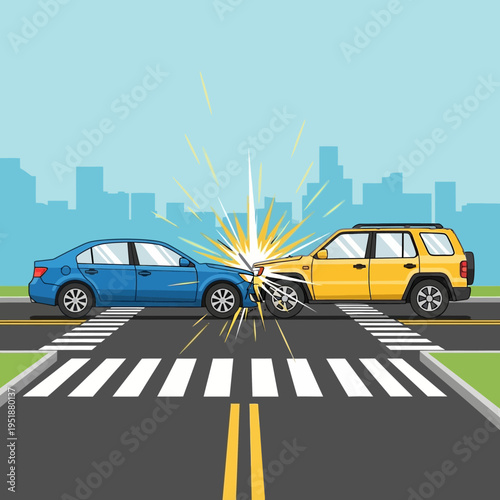 Car Crash on Pedestrian Crossing: Two Cars Collide at Intersection