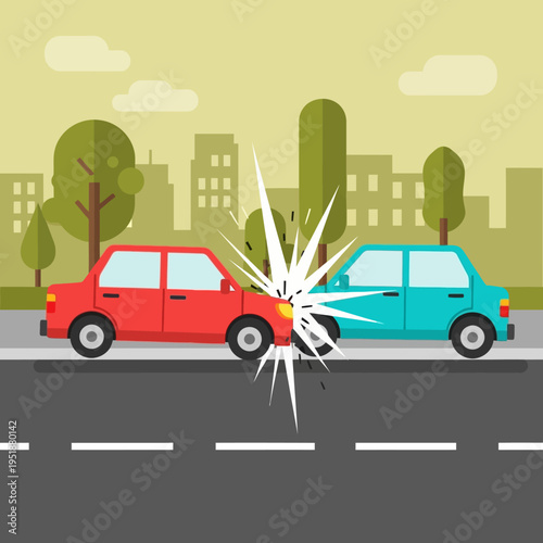 Car accident: red and blue cars collide head-on, causing damage and debris on city street.