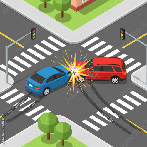 Car crash at intersection, traffic accident, collision, danger, insurance, road safety
