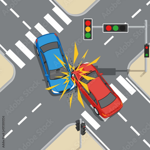 Car crash at intersection with traffic lights, accident, collision, danger, road safety
