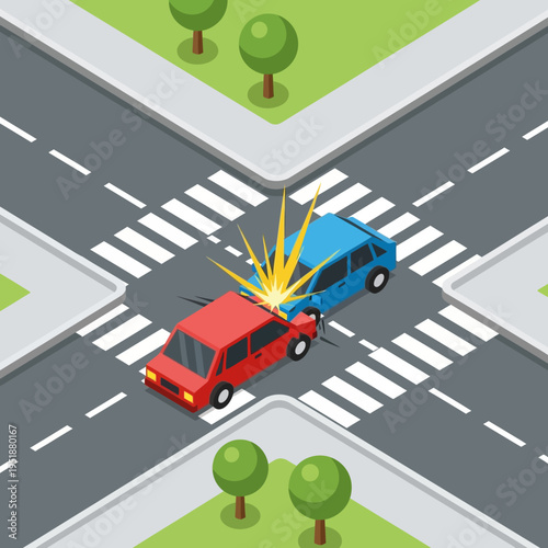Car accident at intersection, two cars colliding, traffic safety concept