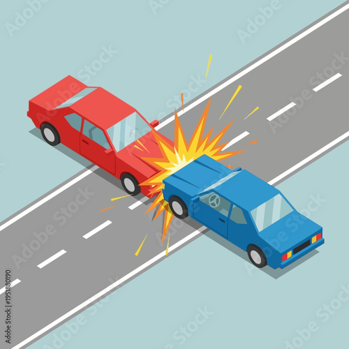 Car accident on road, collision between red and blue cars, traffic incident, danger