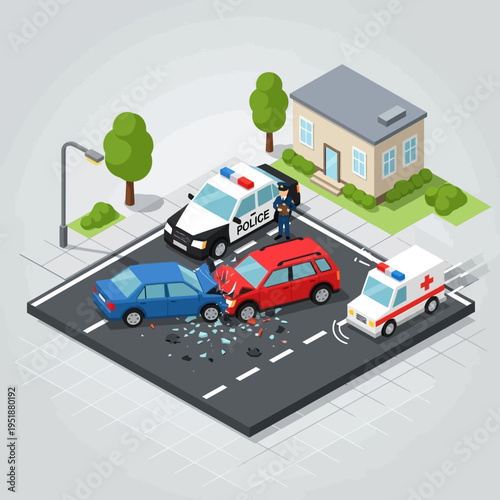 Car accident scene with police and ambulance, isometric view