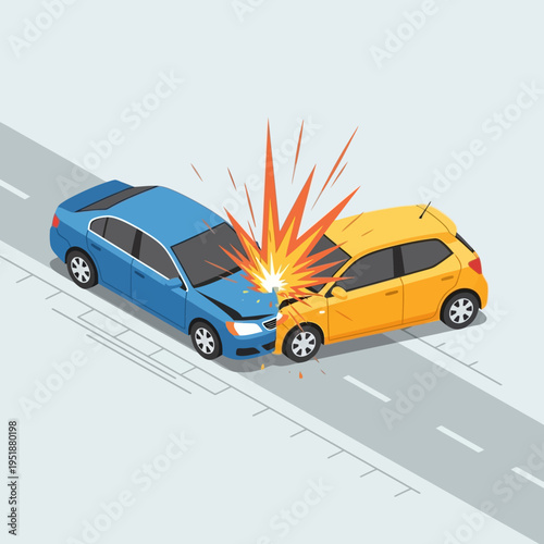 Car accident: blue and yellow cars colliding on road, explosion effect