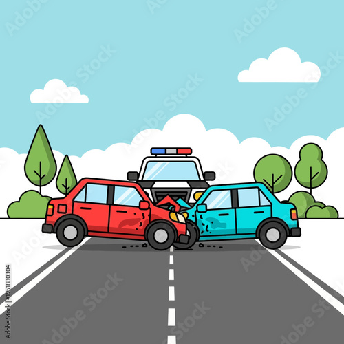 Car accident with police car on road, traffic collision, insurance claim, emergency response