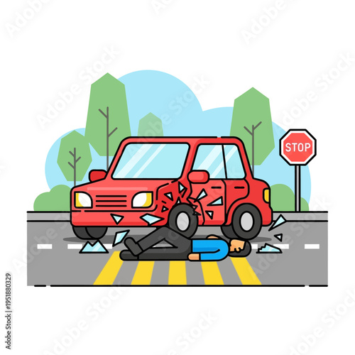 Car accident on crosswalk, injured person lying on road near stop sign