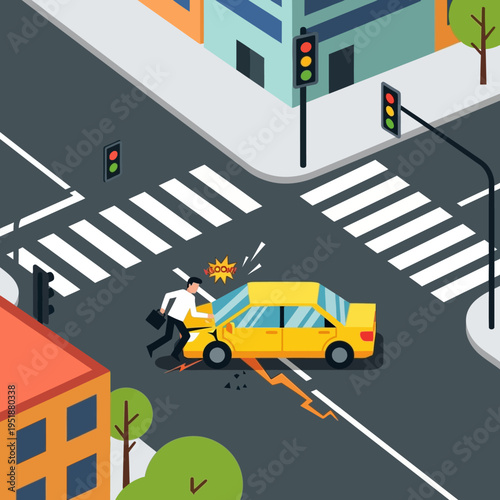 Car accident at intersection, driver hit by vehicle, traffic collision, urban street
