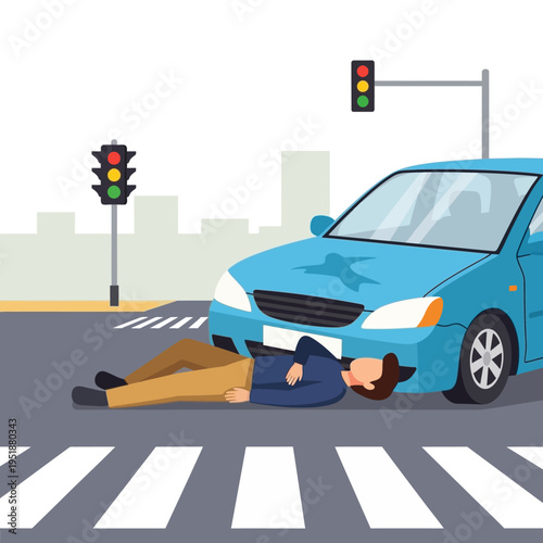 Car accident victim lying on crosswalk near traffic lights