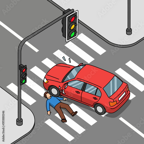 Car accident at intersection, pedestrian hit by vehicle on crosswalk, traffic lights