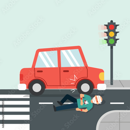 Car accident victim on road near traffic light, injured man lying down after collision