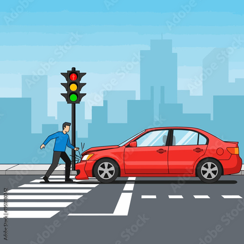 Car accident at pedestrian crossing with traffic light, driver arguing