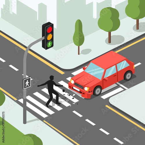 Car accident at pedestrian crossing with red traffic light, pedestrian injured