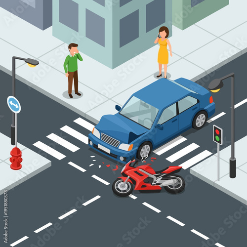 Car and motorcycle collision at a city intersection, people looking concerned.