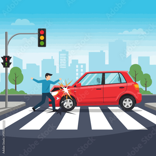 Car accident at pedestrian crossing, driver hits pedestrian, traffic light, city street