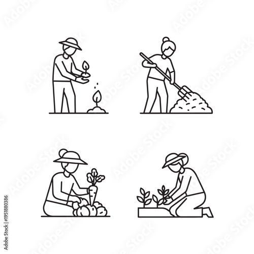 Line art illustrations depicting various gardening and farming activities such as planting, shoveling, and harvesting crops.
