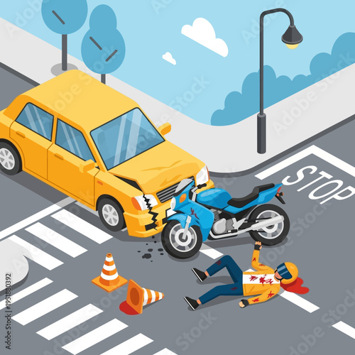 Car and motorcycle crash at intersection with injured rider on crosswalk