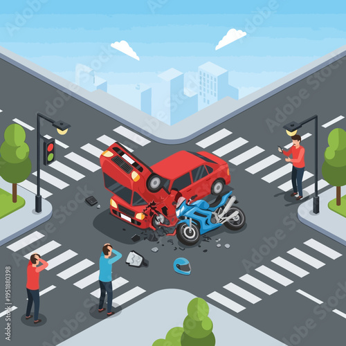 Car and motorcycle crash at intersection, traffic accident, people shocked