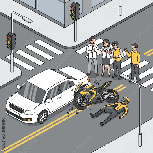 Car and motorcycle accident at intersection, injured motorcyclist on road, onlookers