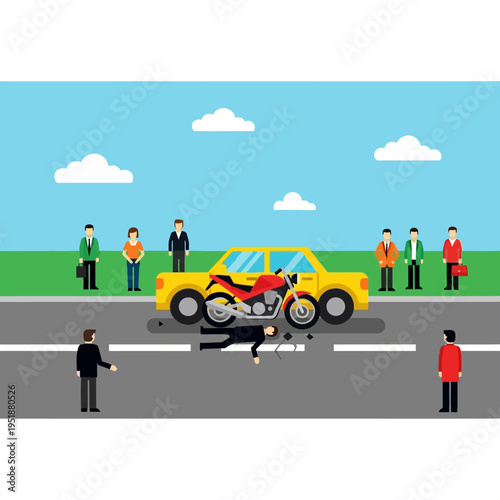 Car and Motorcycle Accident with Injured Person on Road, Bystanders Witnessing