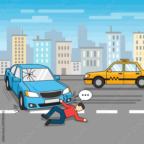 Car Accident: Injured Person Lying on Road Near Damaged Blue Car and Yellow Taxi