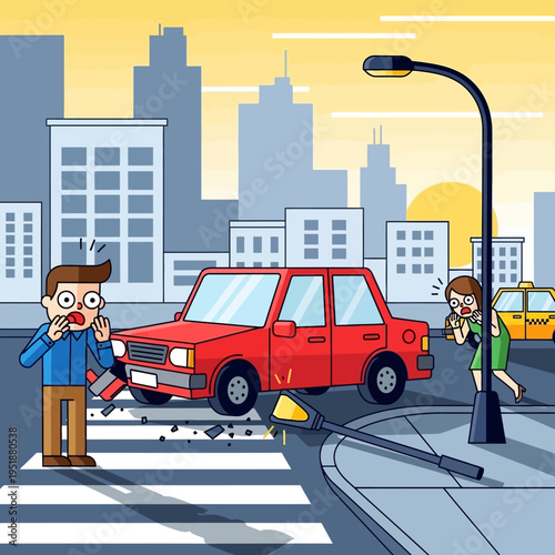 Car accident on pedestrian crossing: driver and pedestrian shocked, lamppost broken