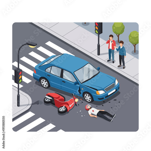 Car accident with injured motorcyclist on crosswalk, traffic lights, and bystanders.