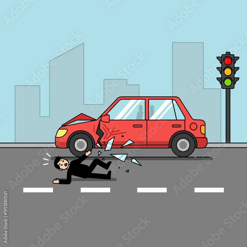 Car Accident: Man Injured on Road, Traffic Light, City Background