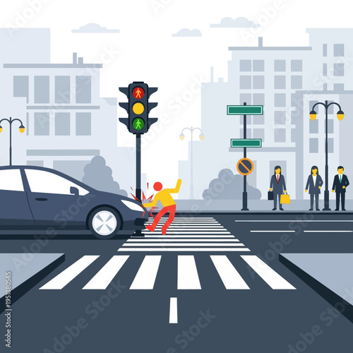 Car accident at pedestrian crossing, pedestrian hit by car, traffic light failure