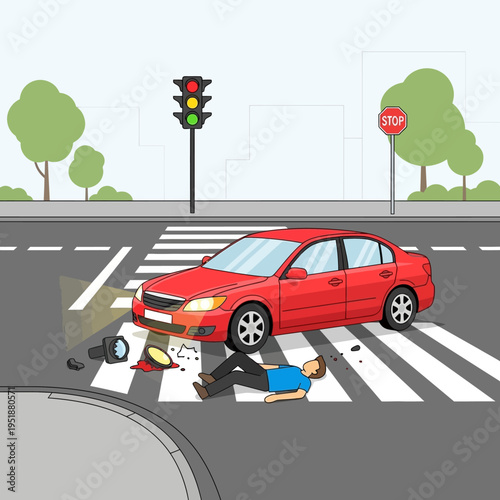 Car accident on pedestrian crossing: injured person, traffic light, stop sign