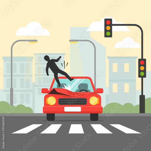 Car accident at pedestrian crossing with person on hood, traffic lights, city street