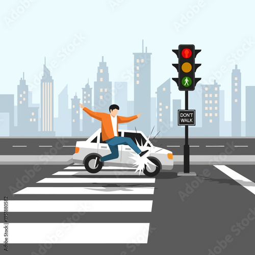 Car accident on pedestrian crossing with traffic light and city background