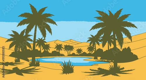 Serene desert oasis with palm trees and sandy dunes