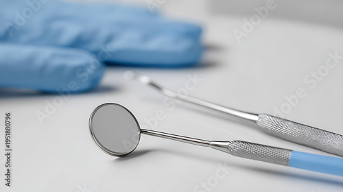 Essential dental examination tools and protective gloves on a clean white surface, symbolizing oral health, hygiene, and professional care