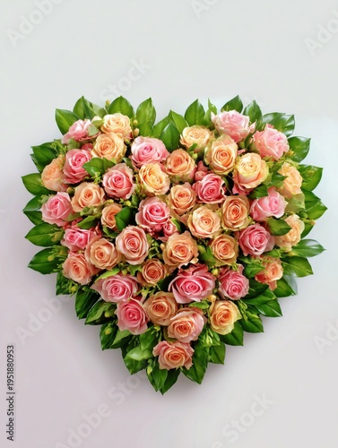 Heart Shaped Arrangement Made of Pink and Orange Roses With Green Leaves in a...
