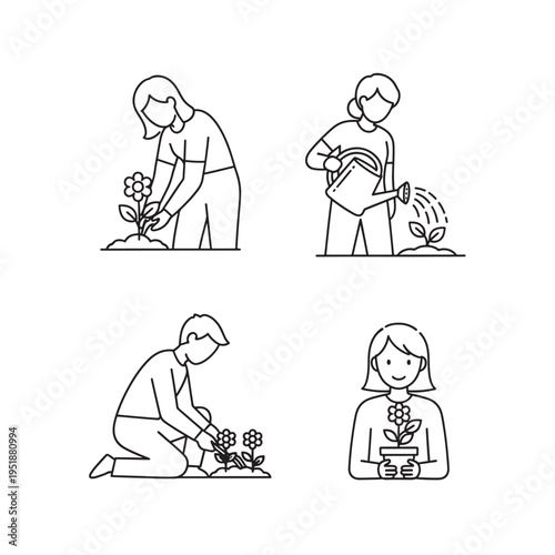 Line art illustrations depicting various stages of gardening, including planting, watering, tending, and holding a potted flower, showcasing horticultural activities.