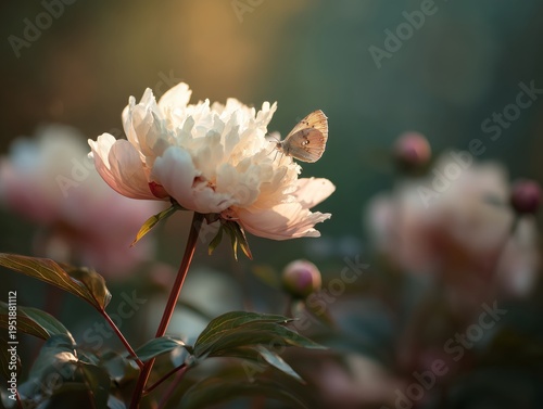 Butterfly Resting on a Peony Flower in a Garden During Late Afternoon Light