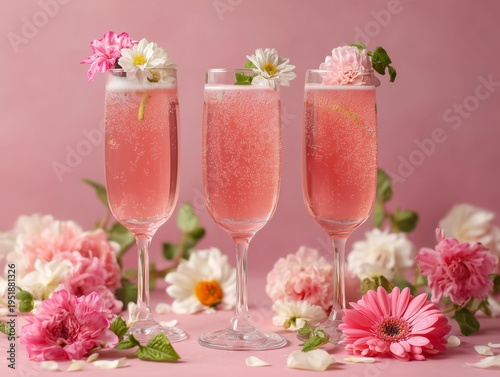 Cocktails With Flowers in Glasses Surrounded by Blooms on a Soft Background