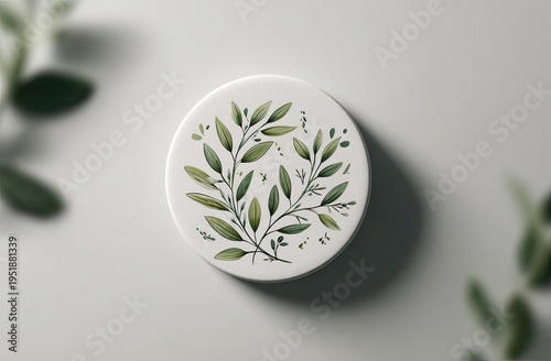 Circular artwork with a delicate botanical print featuring green leafy sprigs design