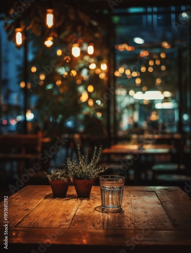Cozy Cafe Table With Plants and a Glass of Water During Evening Hours