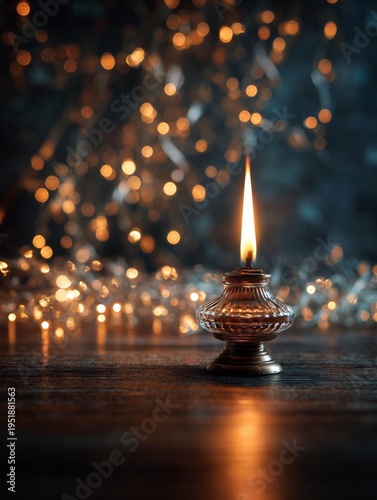 Oil Lamp Burns Bright Surrounded by Glowing Lights in a Dark Setting