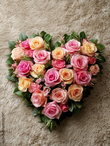 Heart Shaped Floral Arrangement Made of Assorted Roses and Green Leaves for D...