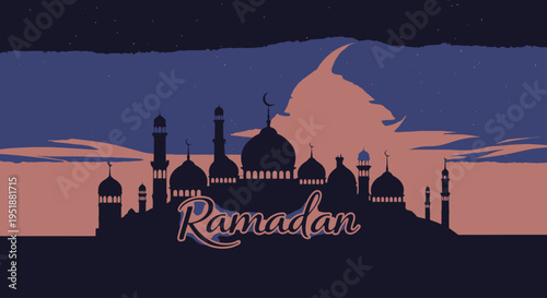 Ramadan Kareem Greeting Card with Mosque Silhouette at Sunset