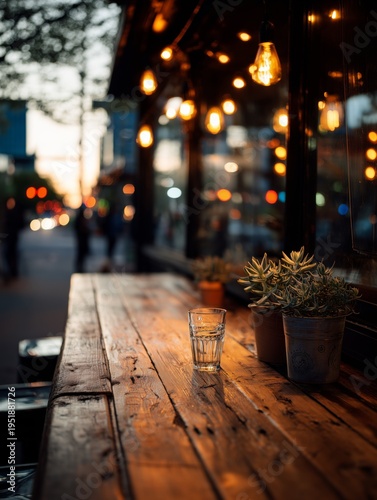 Cozy Cafe Table With Plants and a Glass of Water During Evening Hours
