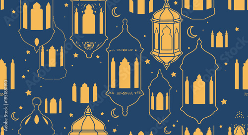 Ramadan Kareem Background Pattern with Lanterns and Stars